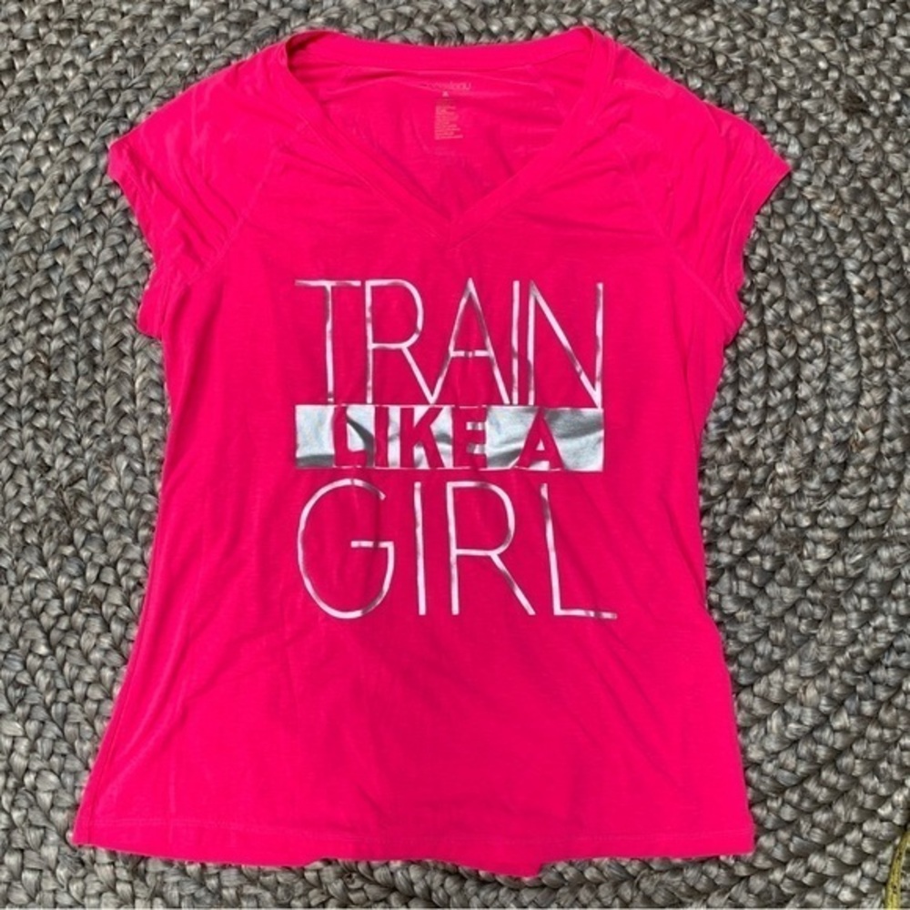 IDEOLOGY Train like a girl hot pink silver graphic V-neck T-shirt